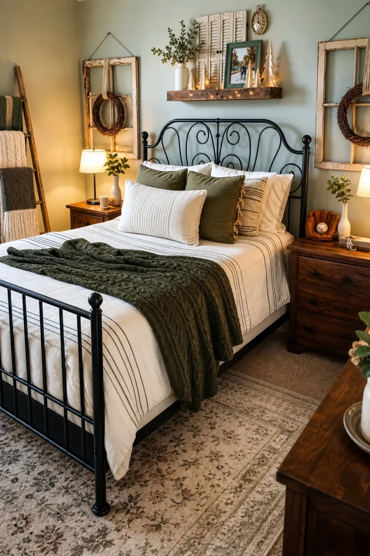 Chippy Shutters Frame a Black Iron Scrollwork Headboard