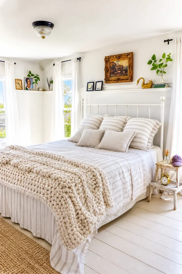 Chunky Knit Throw Anchors an All-White Bed