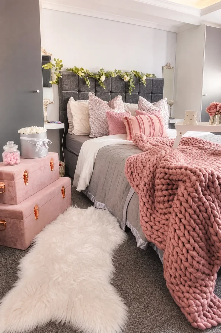 Chunky Knit Throw Draped Over a Grey Headboard