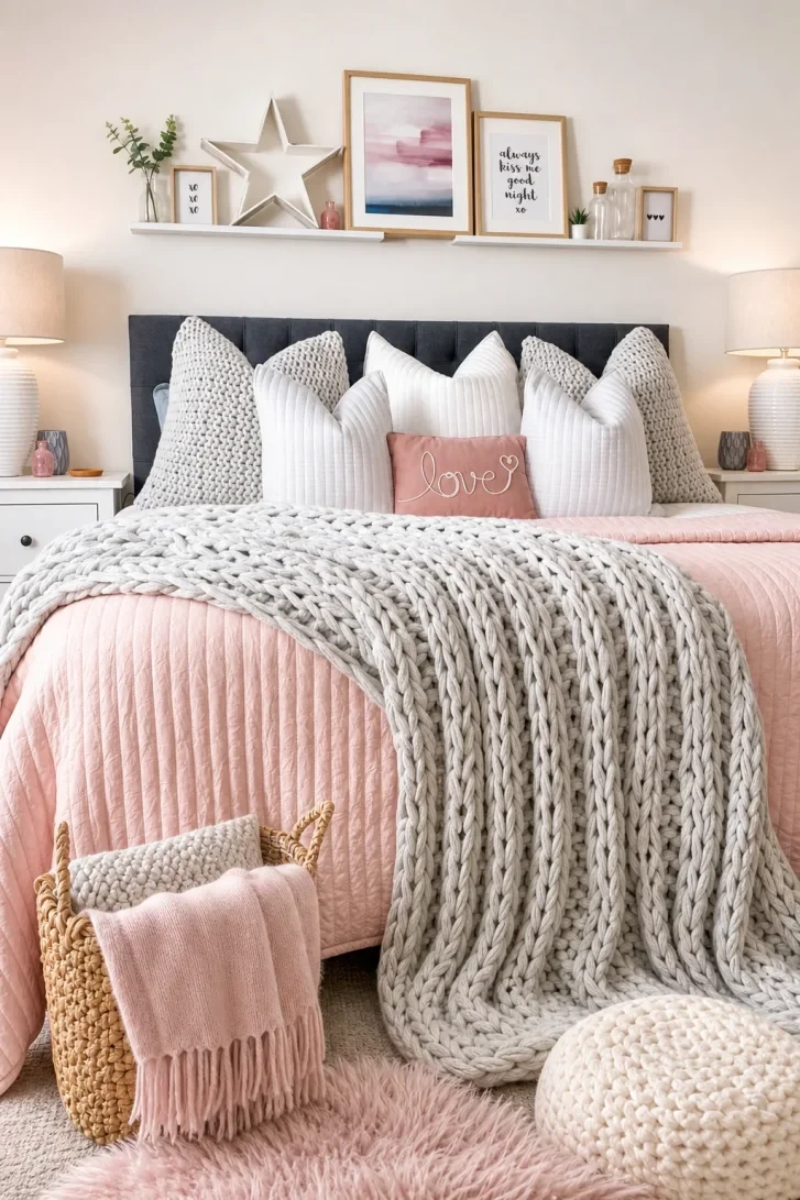 Chunky Knit Throw Draped Over Blush Pink Bedding
