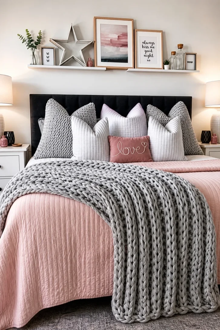 Chunky Knit Throw Draped Over Blush Pink Quilt