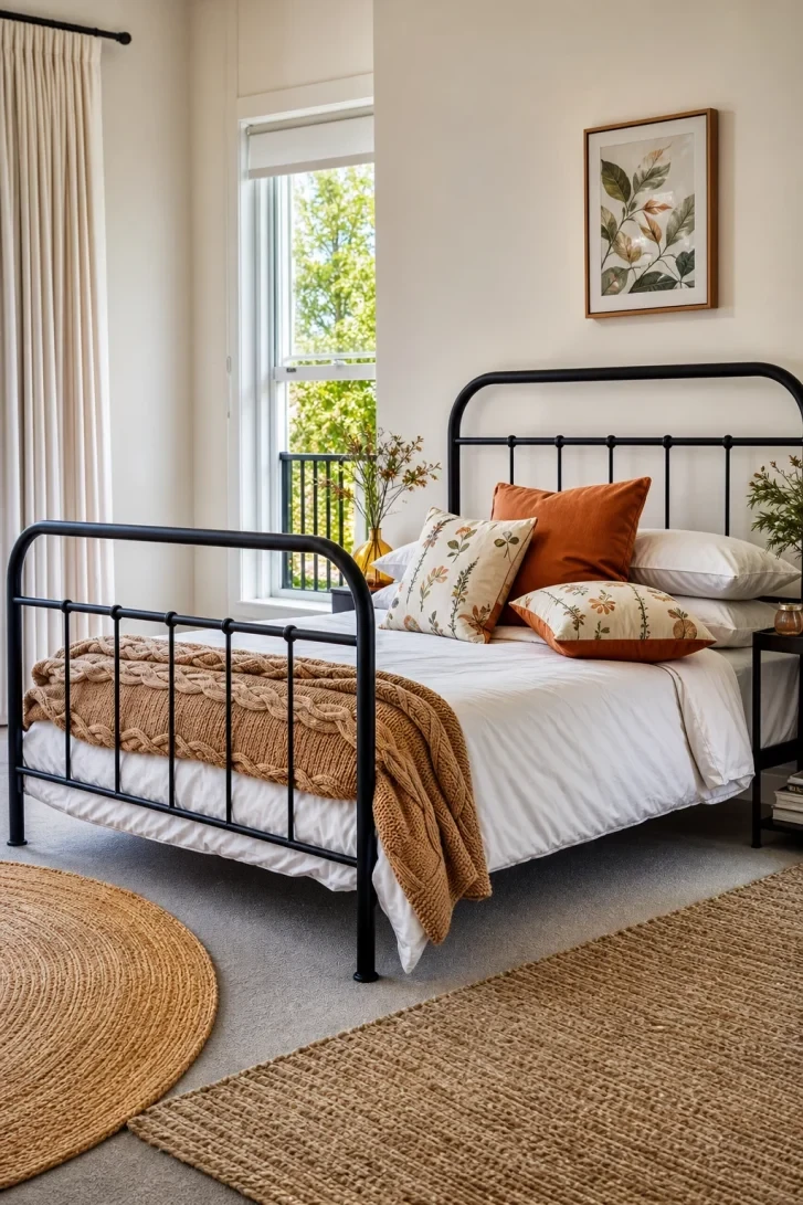 Chunky Knit Throw Drapes Over Black Iron Rails
