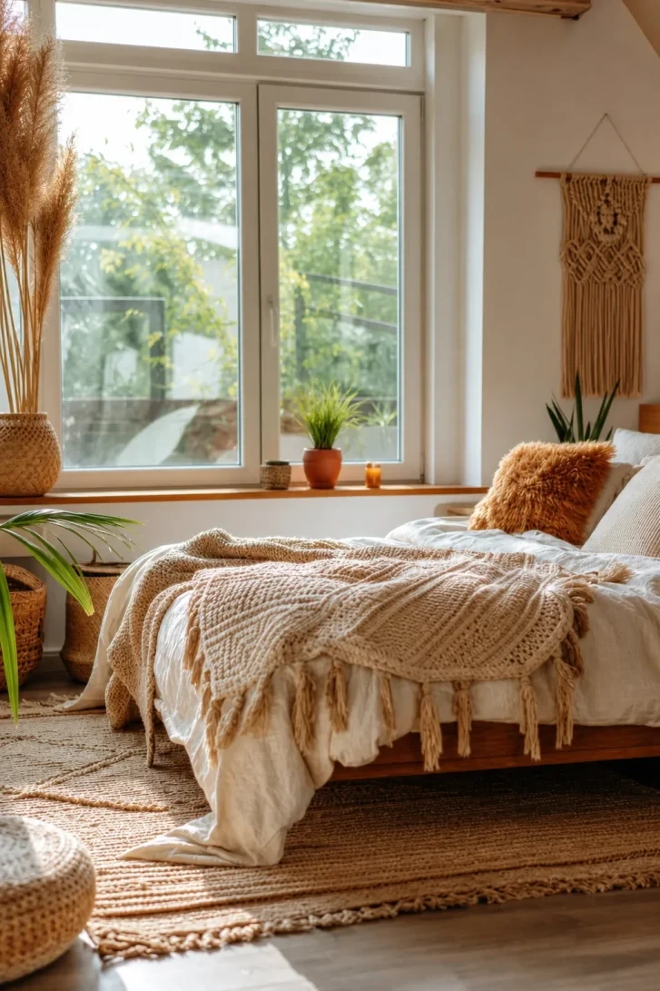 Chunky Tasseled Throw Draped Over a Low Platform Bed