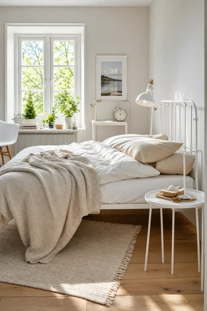 Chunky Throw Cascading Off a White Iron Bed