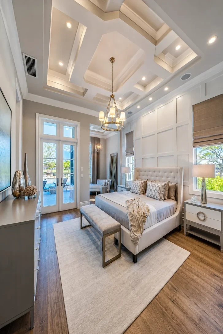 Coffered Ceiling With Brass Chandelier Steals the Show