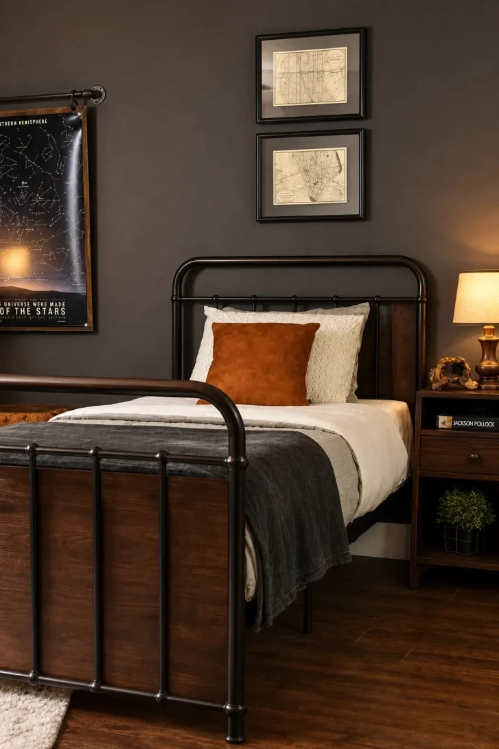 Constellation Poster Meets Dark Wood Industrial Bed