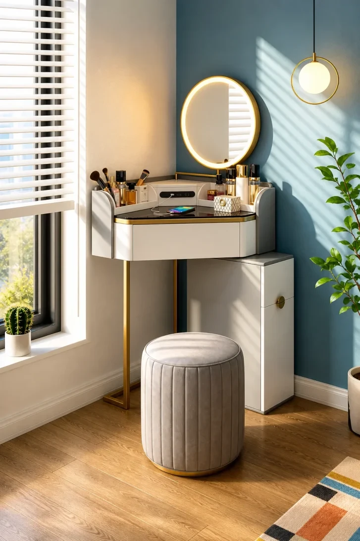 Corner Vanity With Built-In Charging Dock