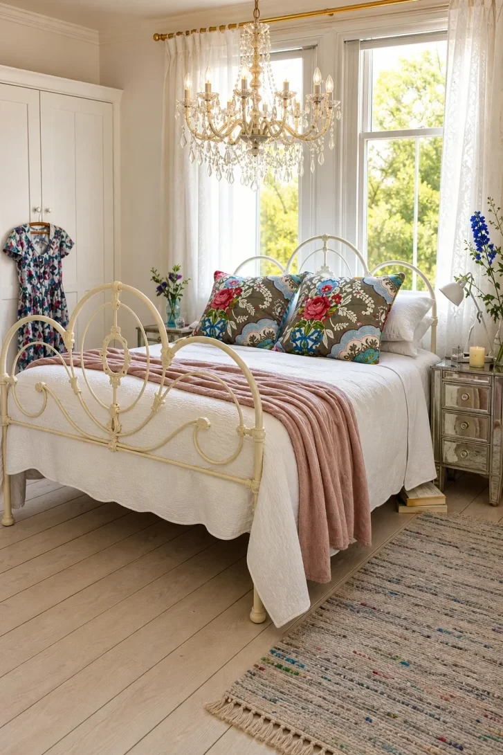 Cream Scrollwork Bed Frame Meets Crystal Chandelier
