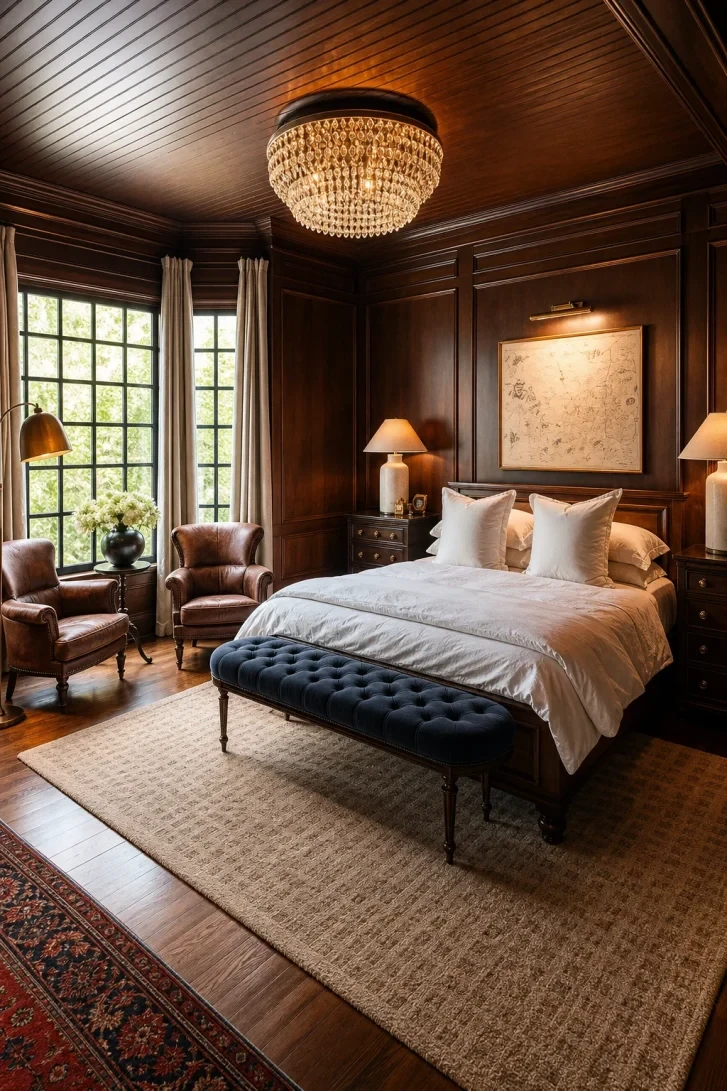Crystal Chandelier Crowns a Full Dark Wood Ceiling