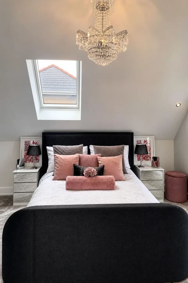 Crystal Chandelier Crowns a Loft Bedroom Perfectly