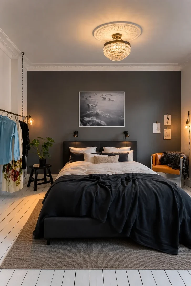 Crystal Chandelier Meets Dark Accent Wall Drama