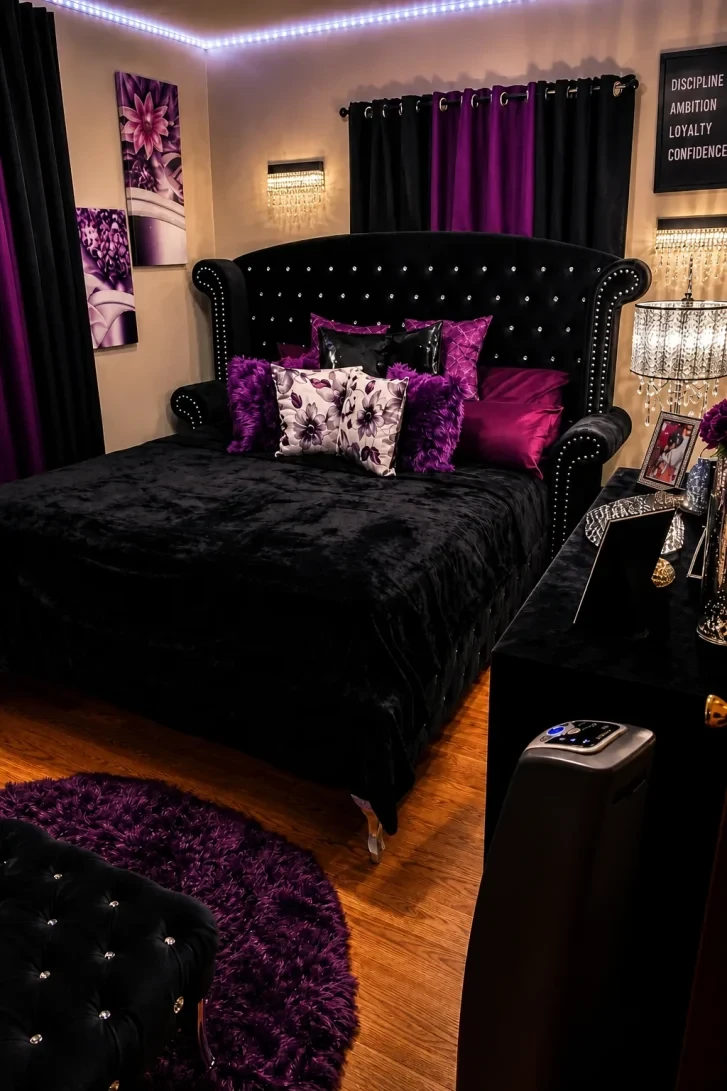 Crystal-Studded Black Velvet Bed Dominates the Room