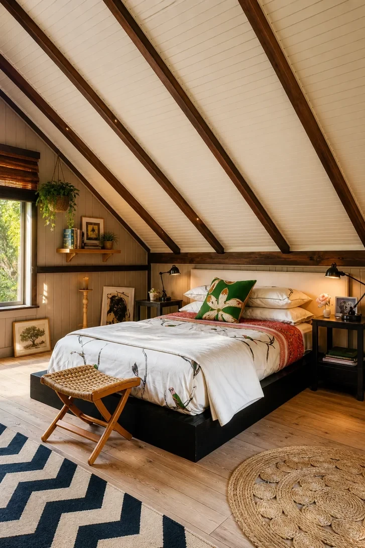 Dark Exposed Beams Against White Shiplap Ceiling