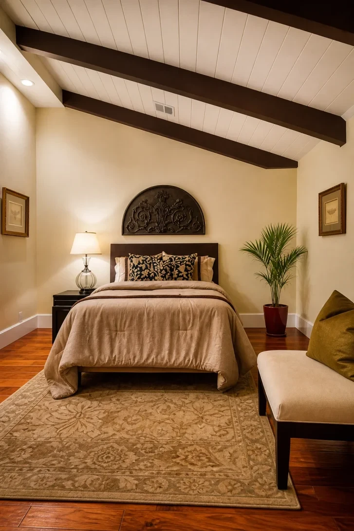 Dark Exposed Beams Against White Vaulted Ceiling