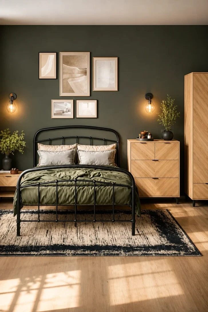 Dark Olive Wall Makes Black Iron Pop