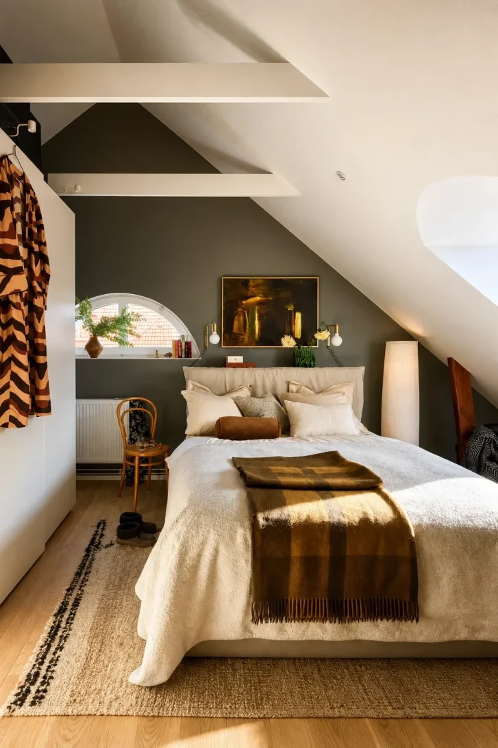 Dark Olive Walls Make Slanted Ceilings Look Intentional
