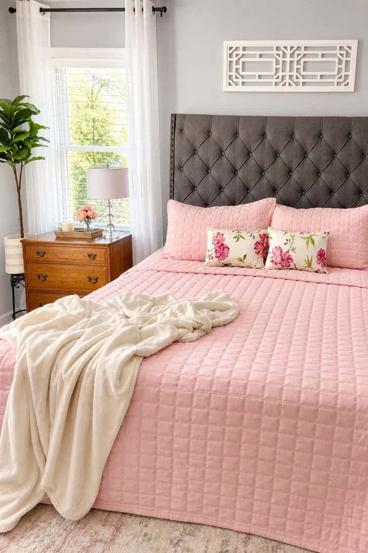 Dark Tufted Headboard Anchors a Soft Pink Bed