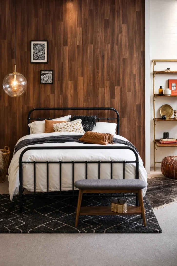 Dark Wood Plank Wall Anchors a Black Iron Bed