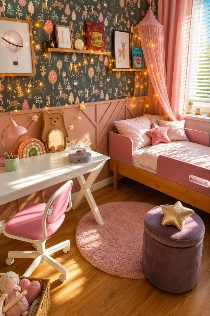 Dark Woodland Wallpaper Anchors a Pink Dreamy Escape