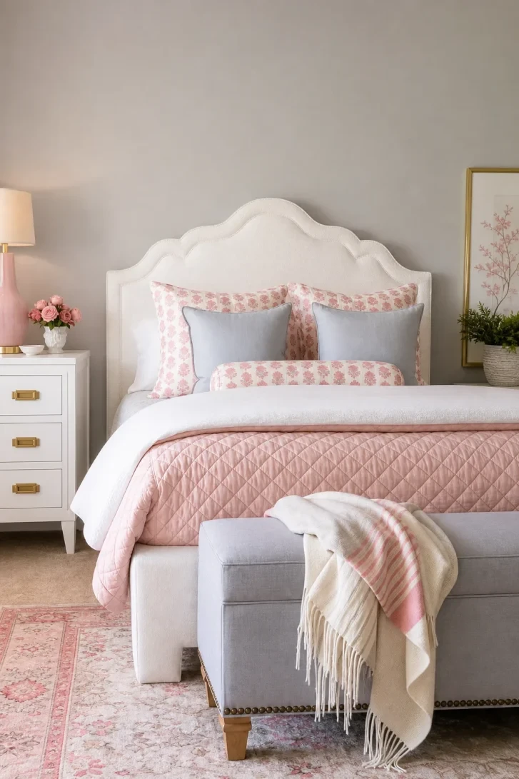Diamond-Quilted Pink Coverlet Anchors the Whole Palette