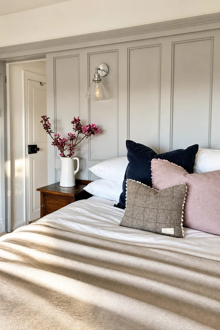 Dove Grey Panelling Turned Into a Full Headboard Wall