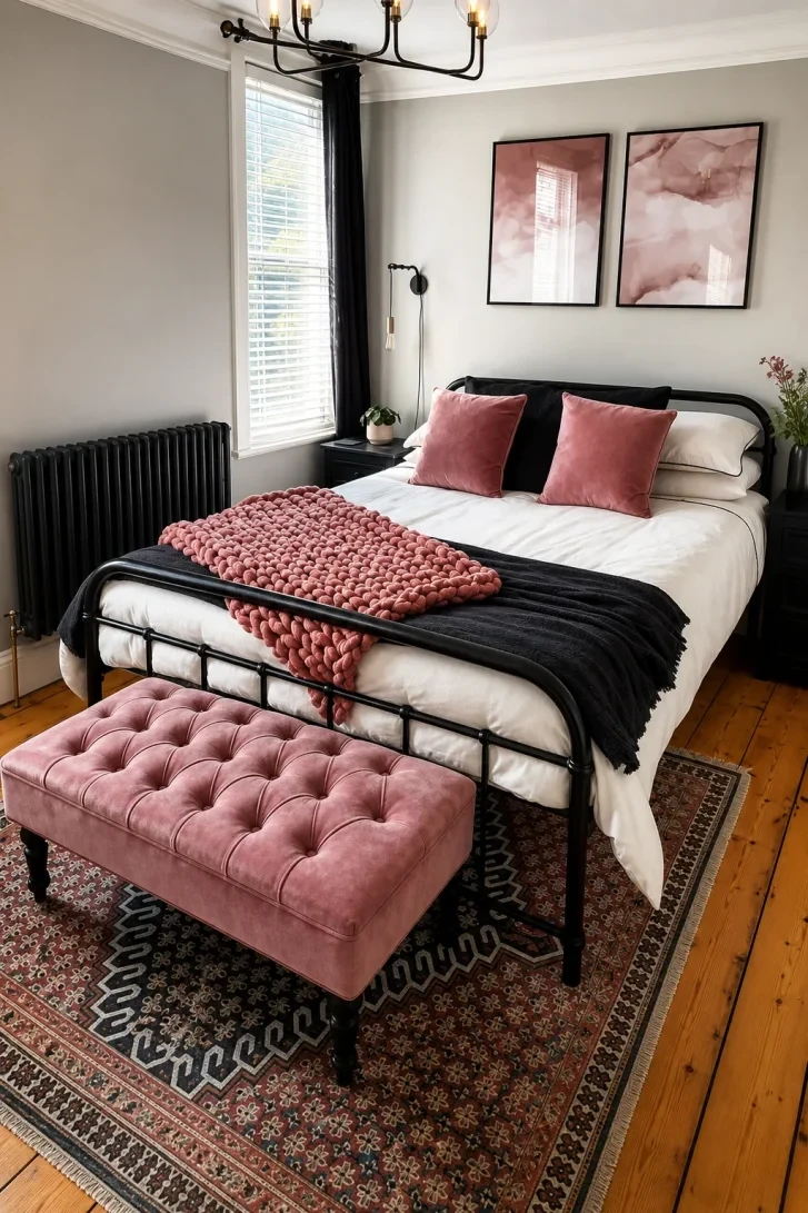 Dusty Rose Velvet Bench Anchors the Whole Room