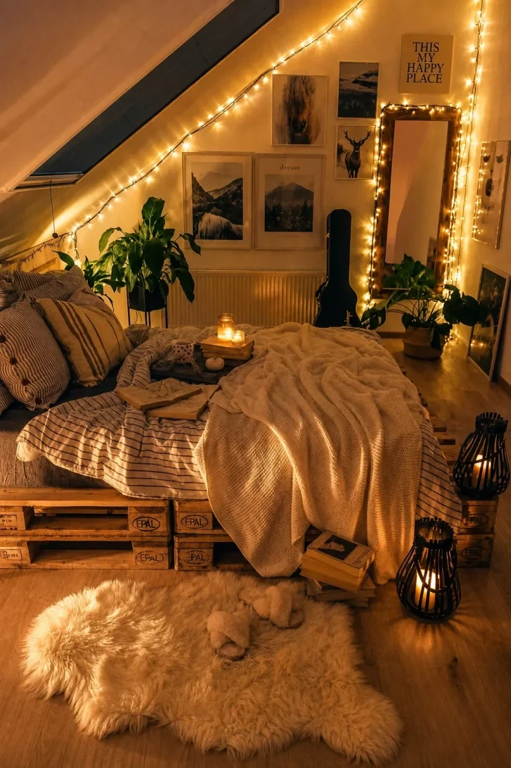 EPAL Pallet Bed Drowning in Fairy Light Glow