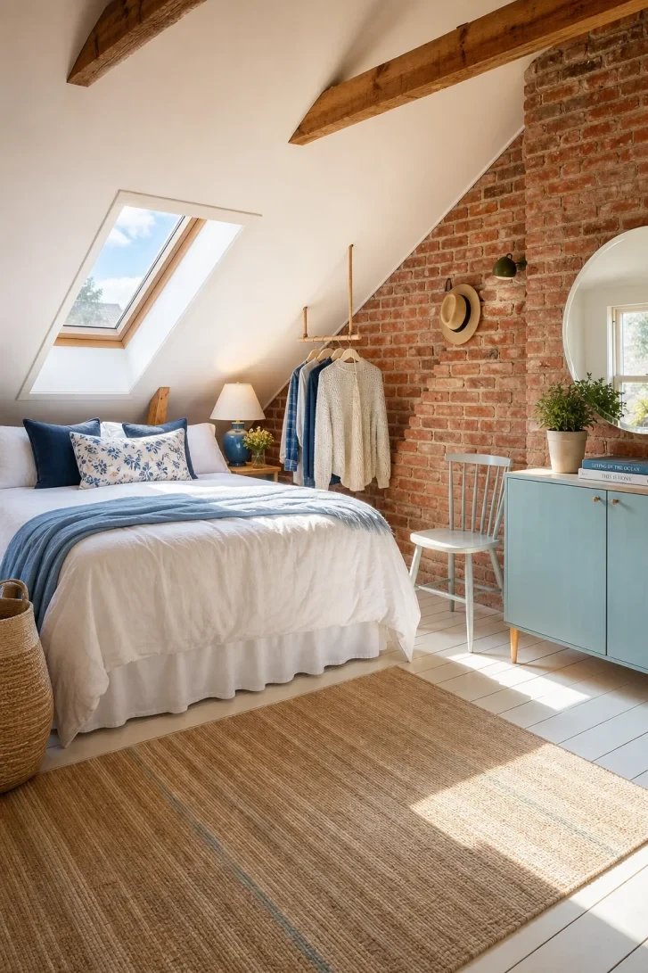 Exposed Brick Wall Anchors a Sloped Attic Bedroom
