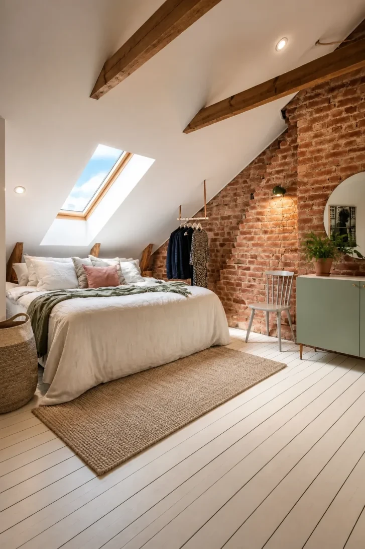 Exposed Brick Wall Transforms a Slanted Attic Space