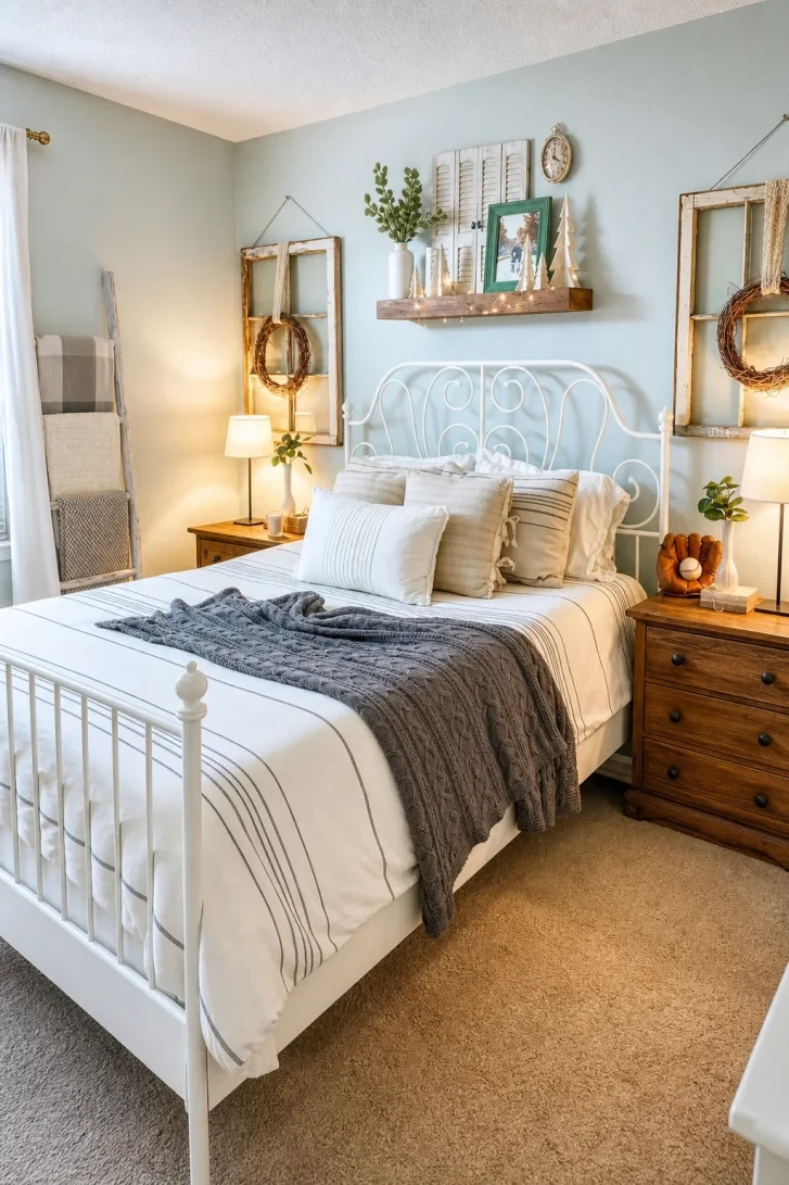Fairy-Light Shelf Floats Above White Scrollwork Headboard