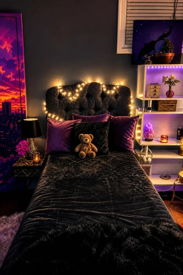 Fairy Lights Draped Over a Tufted Velvet Headboard