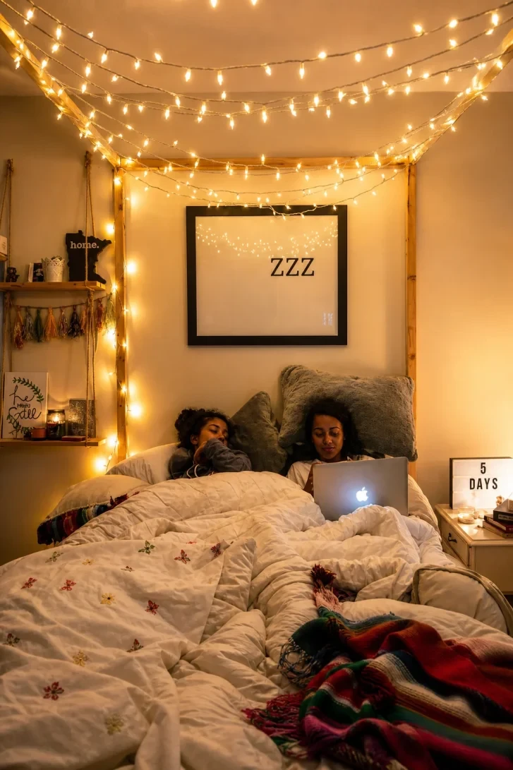 Fairy Lights Draped Over the Bed Like a Canopy