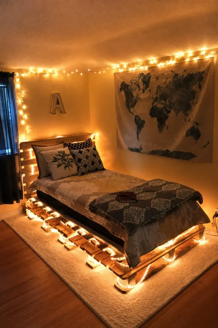 Fairy Lights Glowing Beneath a Pallet Bed Frame