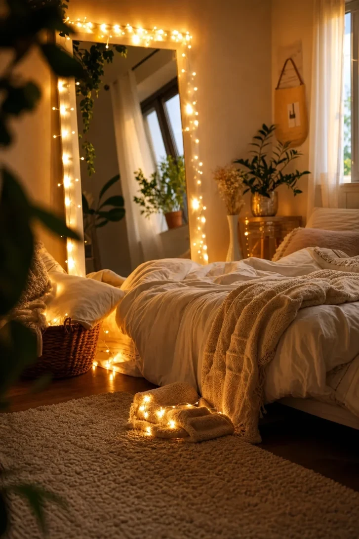 Fairy Lights Wrapped Around a Floor Mirror
