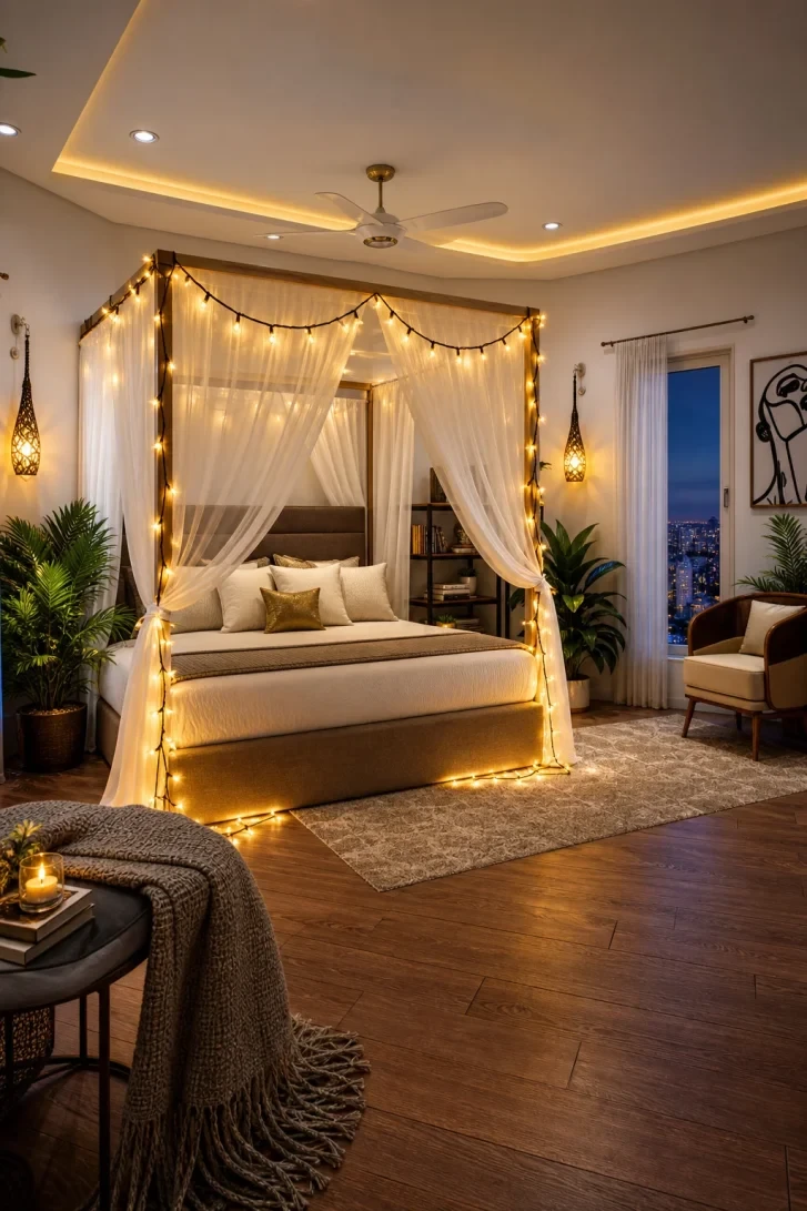 Fairy Lights Wrapped Around a Four-Poster Canopy