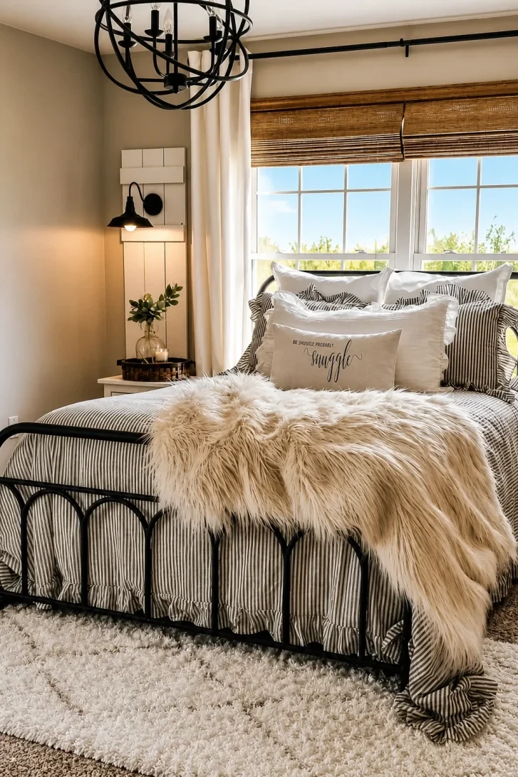 Faux Fur Throw Transforms a Striped Iron Bed