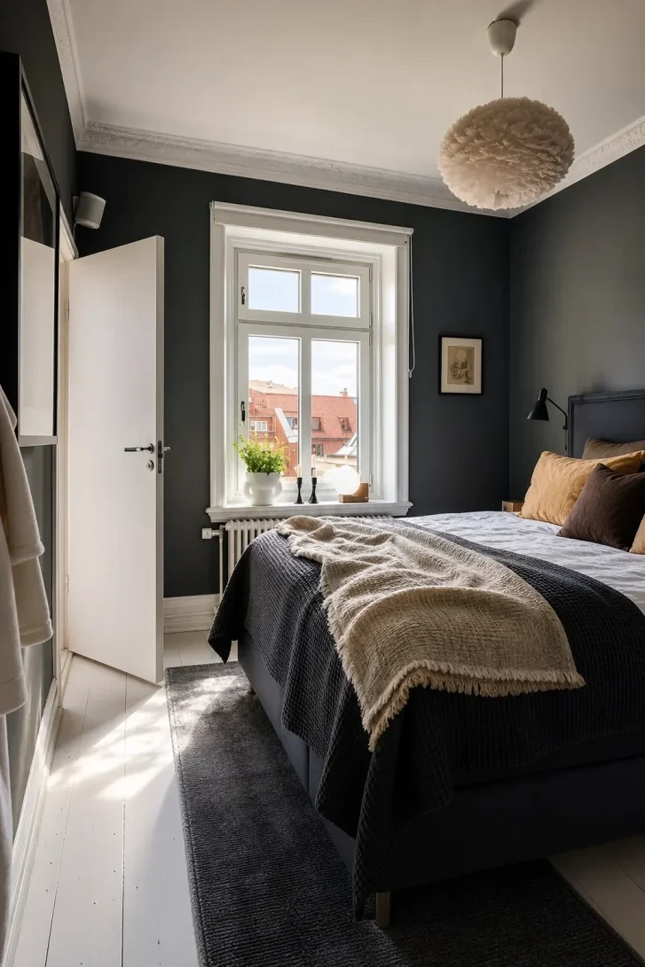 Feather Pendant Softens an Intensely Dark Room