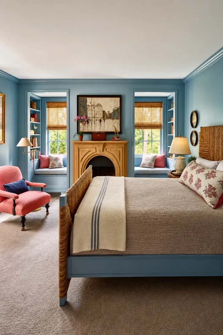 Fireplace Flanked by Twin Built-In Window Seats