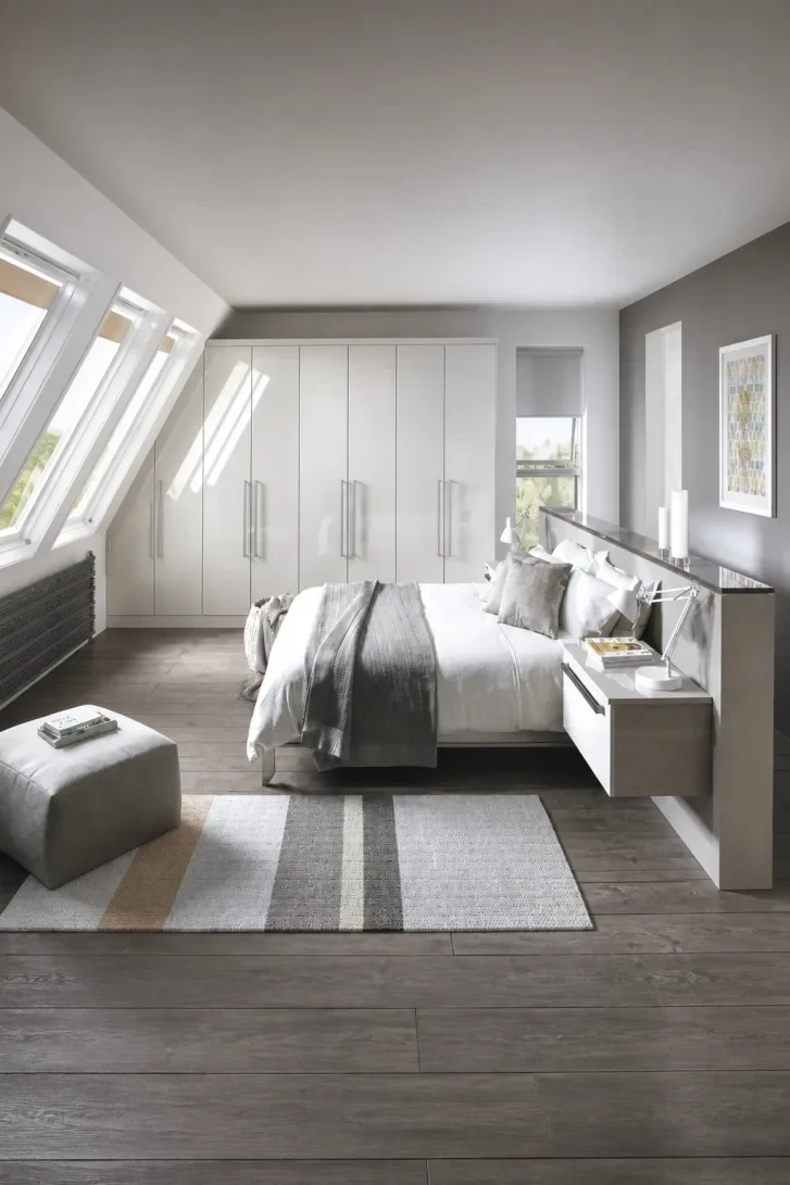 Floating Headboard Panel Doubles as Bedside Storage