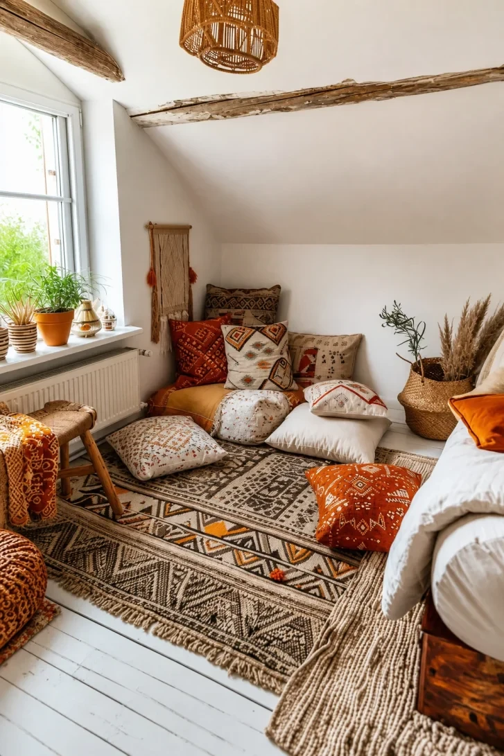 Floor Cushion Nook Drowning in Tribal Patterns