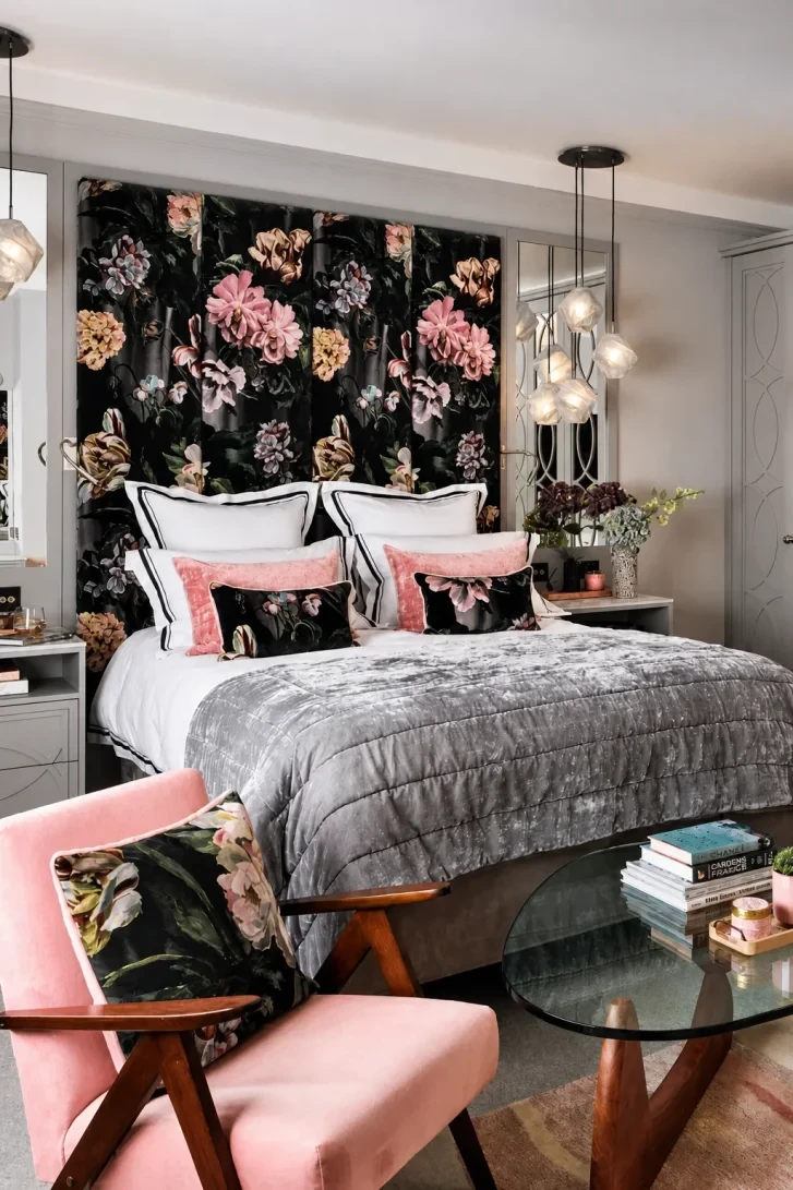 Floor-to-Ceiling Dark Floral Headboard Commands the Room