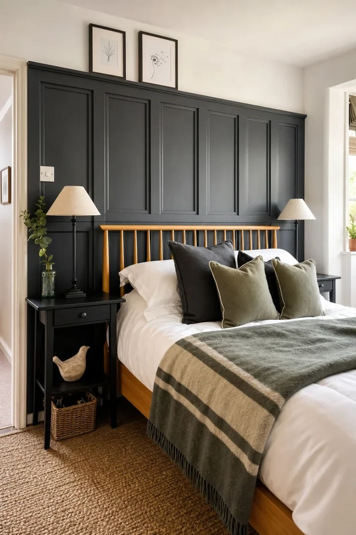 Floor-to-Ceiling Dark Panels Behind a Spindle Headboard
