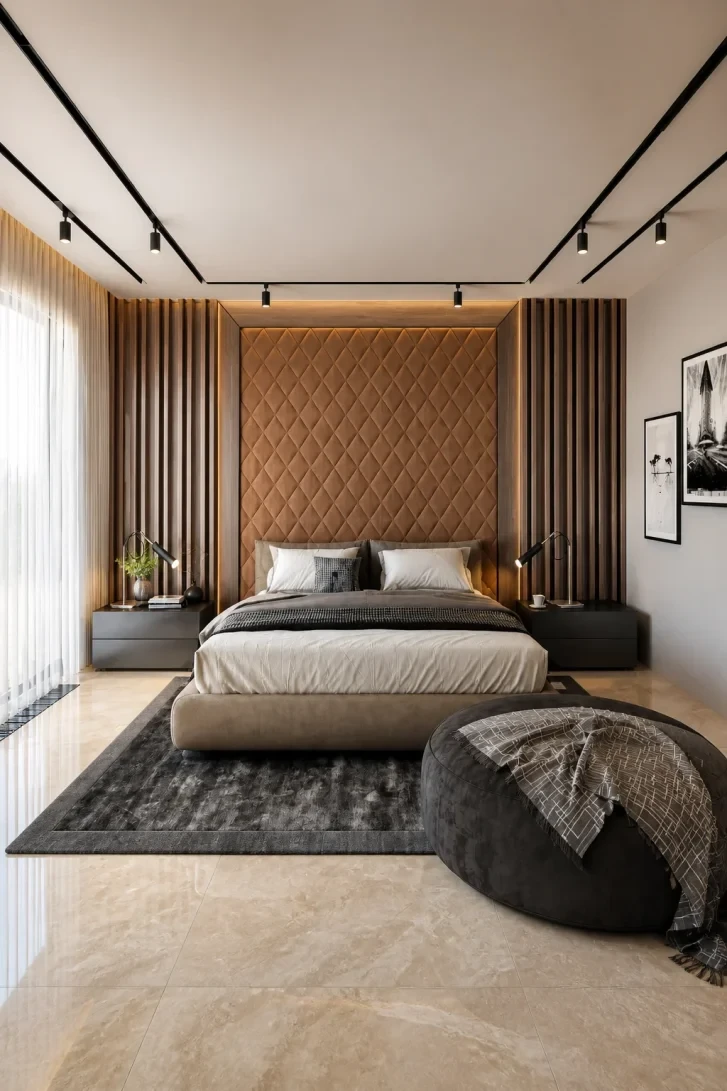Floor-to-Ceiling Diamond Quilted Headboard Steals the Show