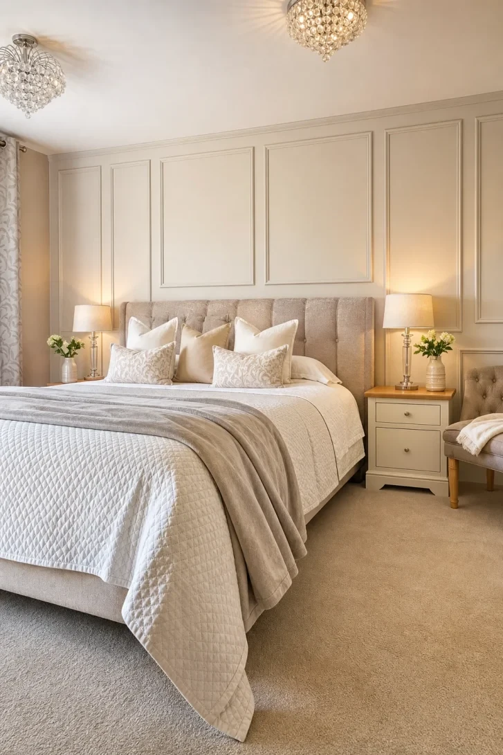 Floor-to-Ceiling Panelling Frames a Tufted Headboard Perfectly