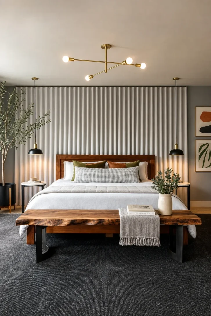 Floor-to-Ceiling Ripple Curtain Wall Behind the Bed