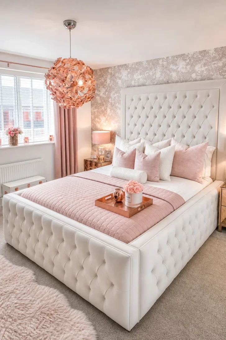 Floor-to-Ceiling Tufted Headboard Dominates the Whole Room