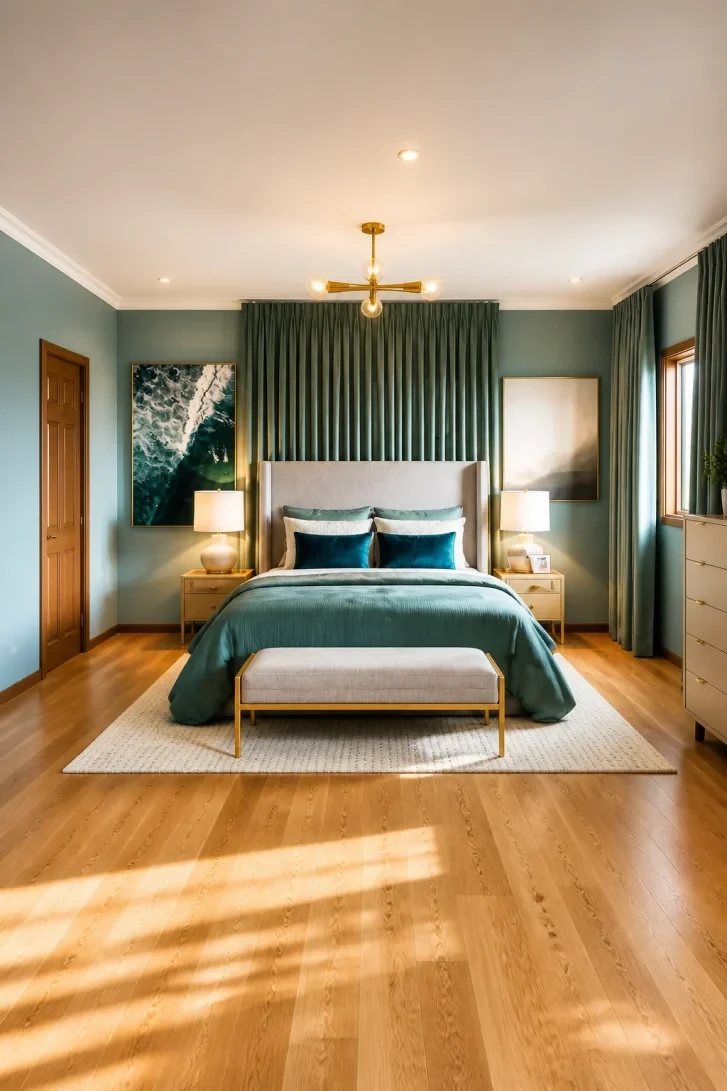 Floor-to-Ceiling Velvet Curtains Frame the Entire Bed