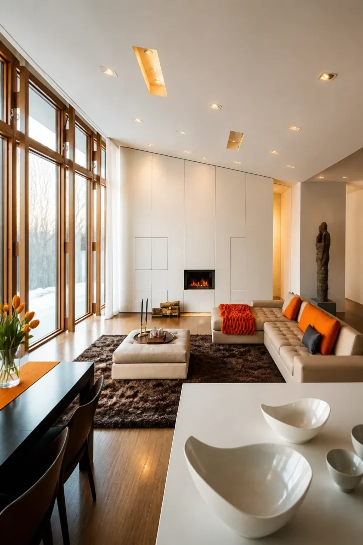 Floor-to-Ceiling White Panels Hide a Fireplace