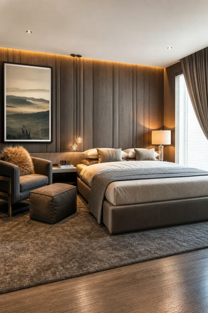 Floor-to-Ceiling Wood Panels Anchor the Entire Room