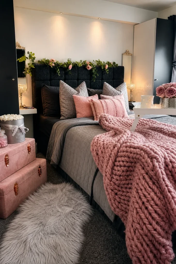 Floral Garland Draped Across a Dark Headboard